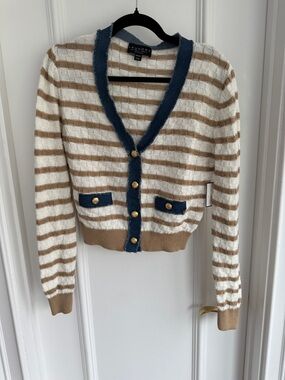 Laundry By Shelli Segal Cream and Tan Striped Cardigan with Blue Trim